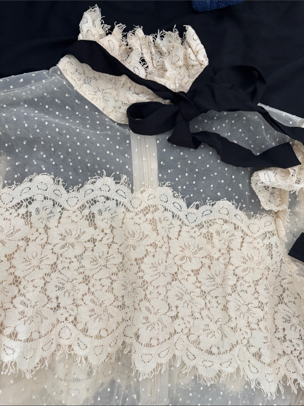 Fashion Nova Sheer Cream Lace Blouse with Black Tie - Picture 4 of 9